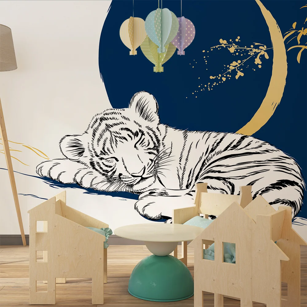Tapet barnerom | Sovende tiger med gyldne blomstermotiver