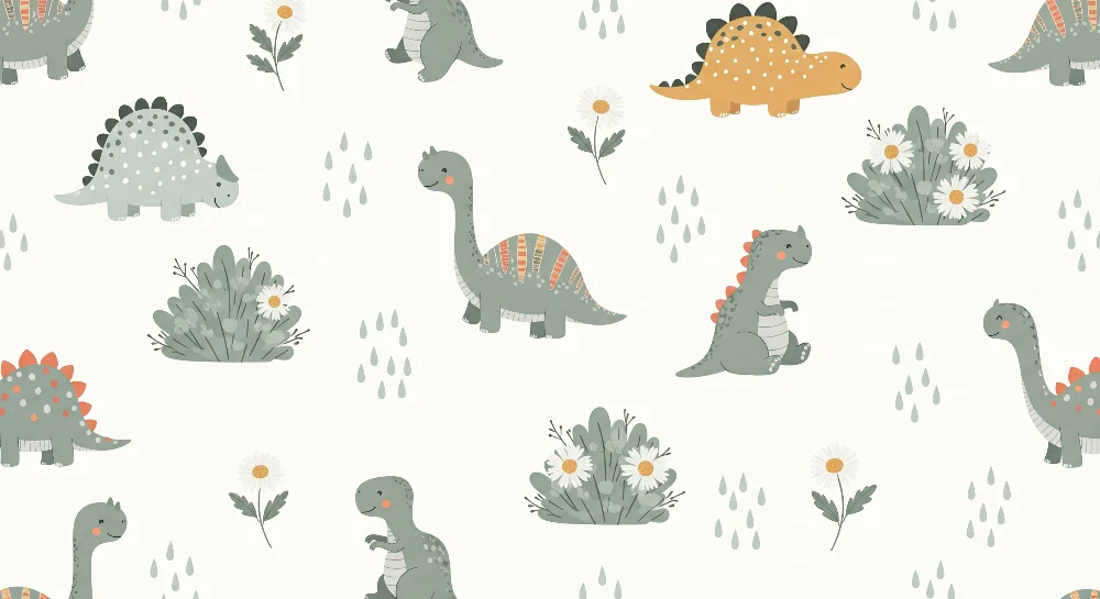 Tapet barnerom | Søte dinosaurer og blomster på lys bakgrunn