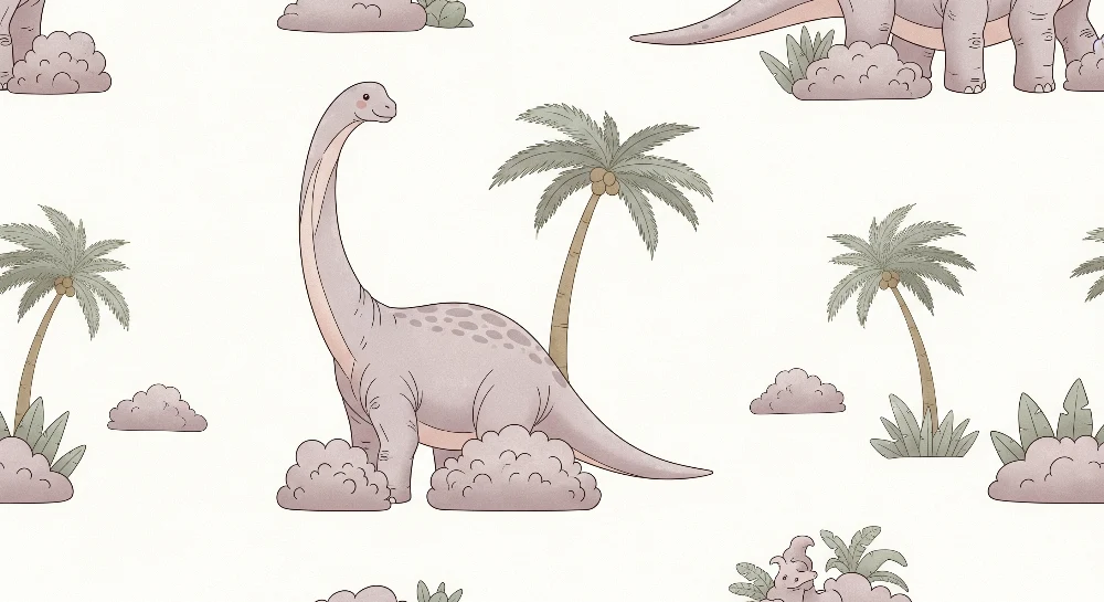 Tapet barnerom | Søte dinosaurer og palmer i en pastellfarget dekor