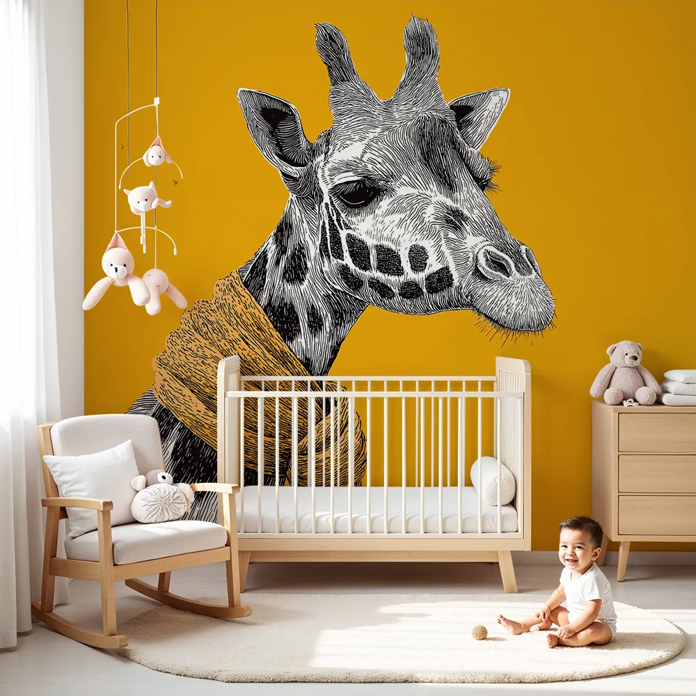 Tapet barnerom | Stilisert giraff med skjerf på gul bakgrunn