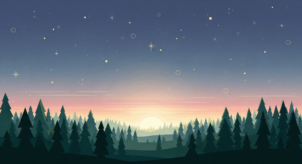 Tapet barnerom | Stjernehimmel skog i skumring med pastellfarget himmel