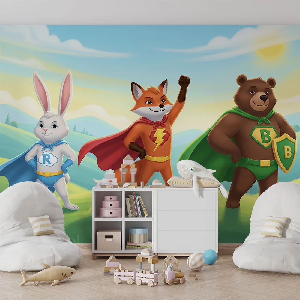 Tapet barnerom | Superhelter dyr i en fortryllende landskap