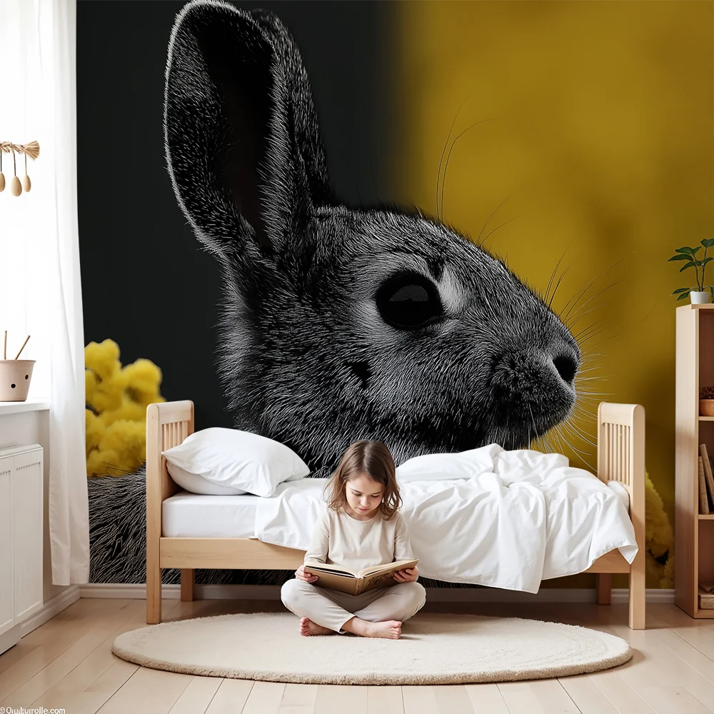 Tapet barnerom | Svart kanin og gule blomster på kontrastfylt bakgrunn