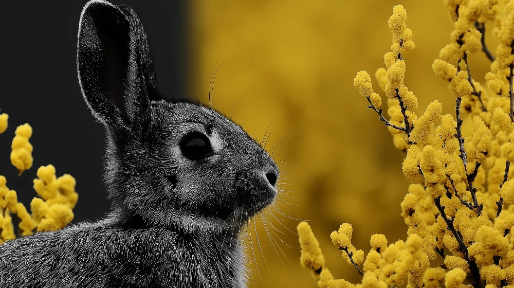 Tapet barnerom | Svart kanin og gule blomster på kontrastfylt bakgrunn