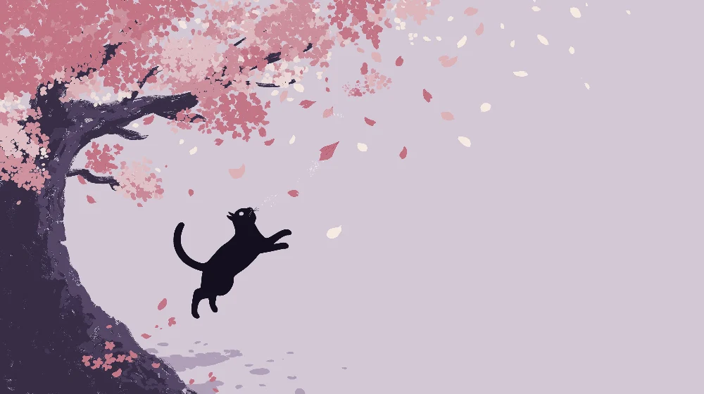 Tapet barnerom | Svart katt som leker under et blomstrende kirsebærtre
