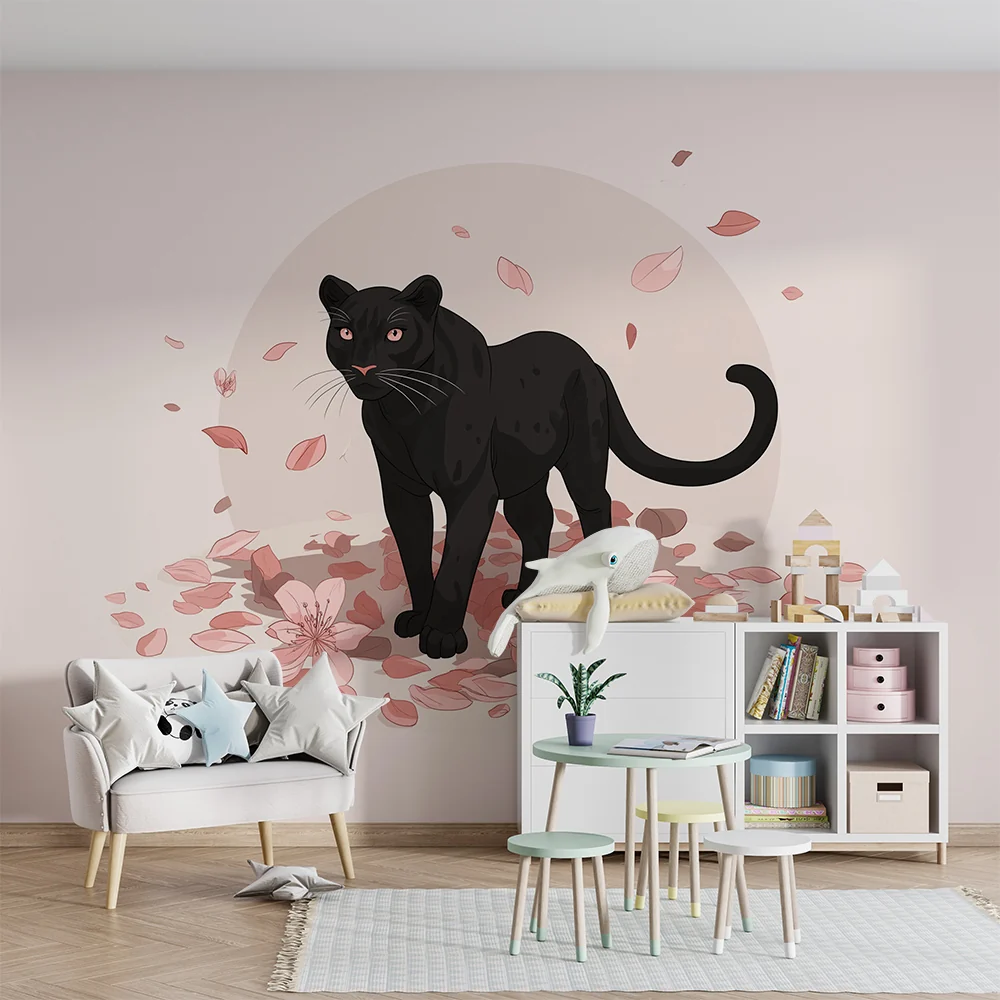 Tapet barnerom | Svart panter omgitt av blomsterblad