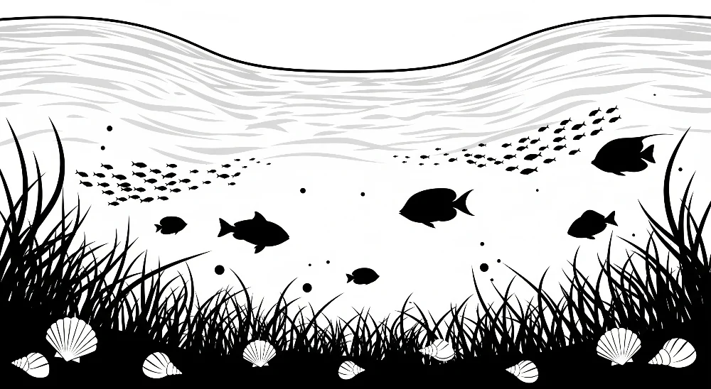 Tapet barnerom | Svart-hvitt marint univers med fisk og skjell