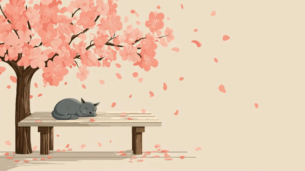 Tapet barnerom | Søvnig katt under et blomstrende kirsebærtre