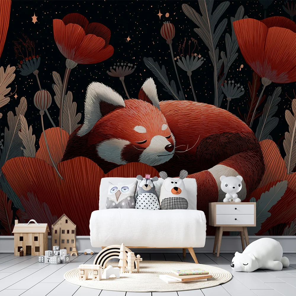 Tapet barnerom | Søvnig rød panda blant blomstrende blomster