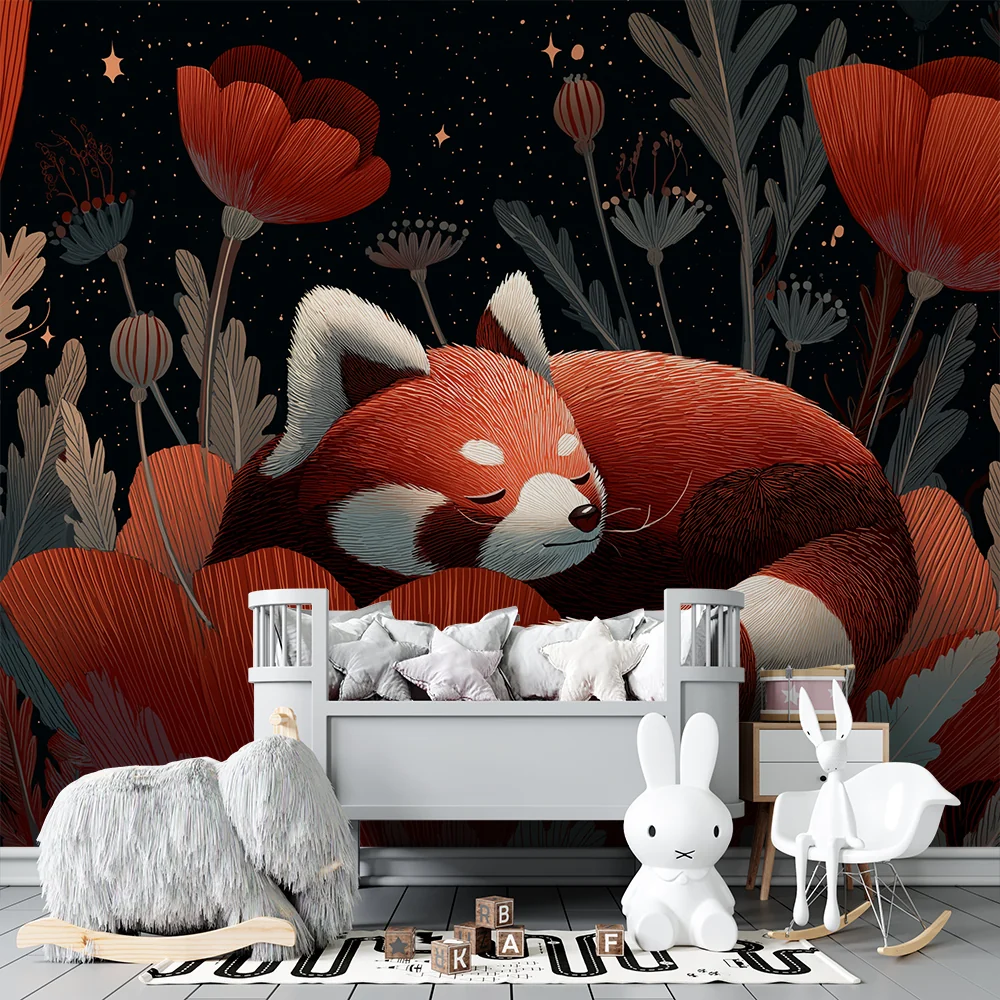 Tapet barnerom | Søvnig rød panda blant blomstrende blomster