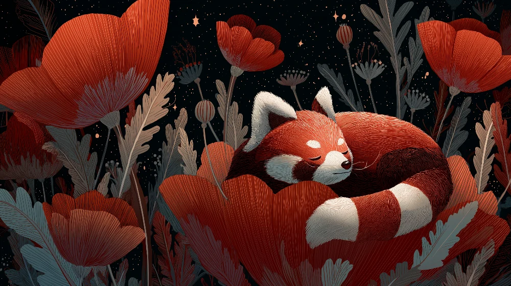 Tapet barnerom | Søvnig rød panda blant blomstrende blomster