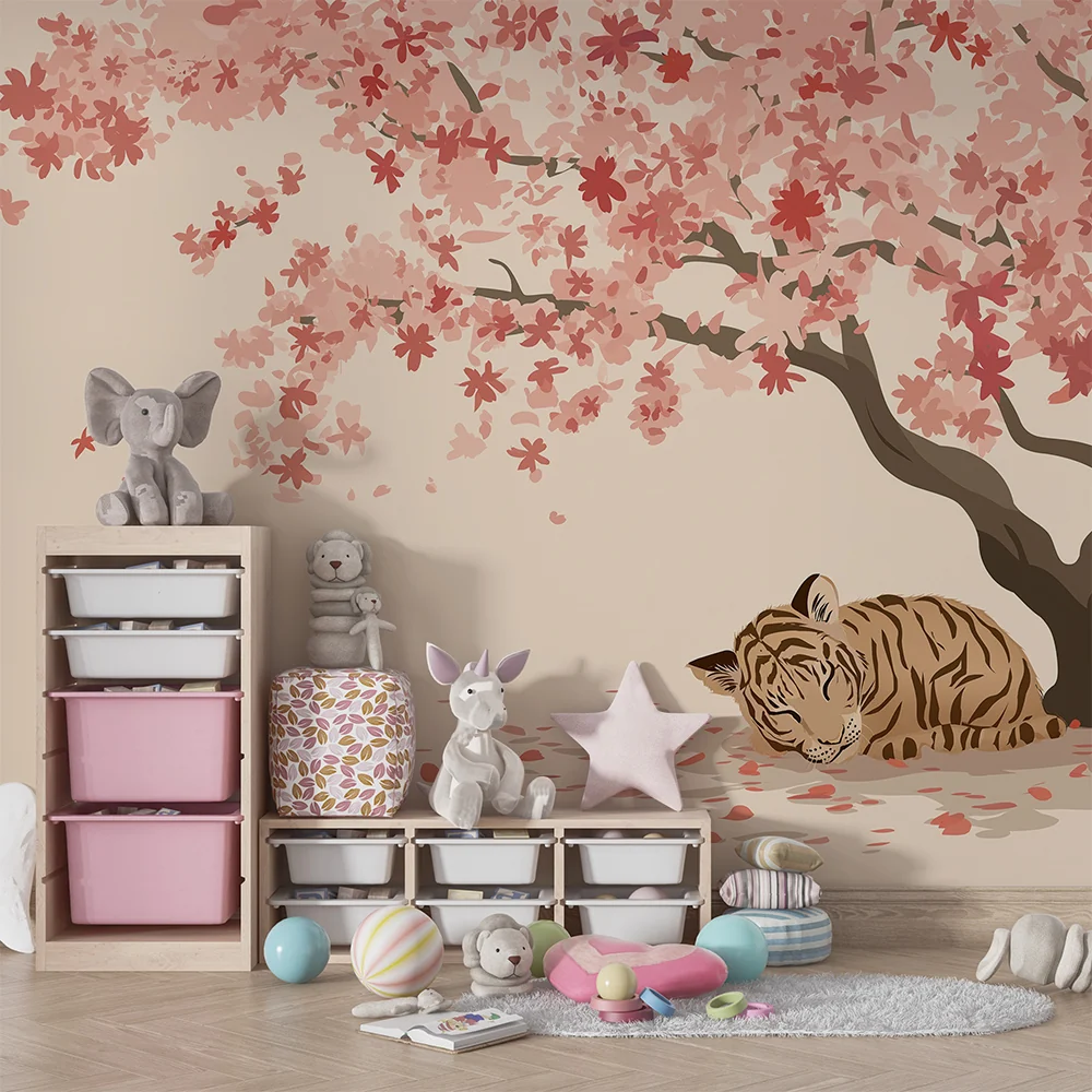 Tapet barnerom | Søvnig tiger under et blomstrende kirsebærtre
