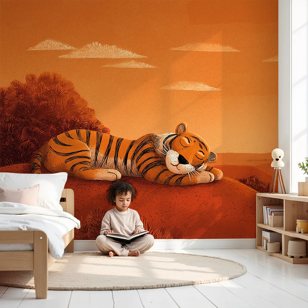 Tapet barnerom | Søvnig tiger under en oransje himmel