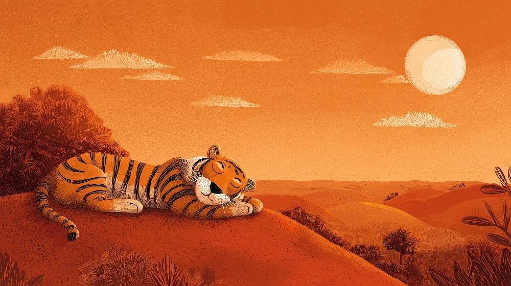 Tapet barnerom | Søvnig tiger under en oransje himmel
