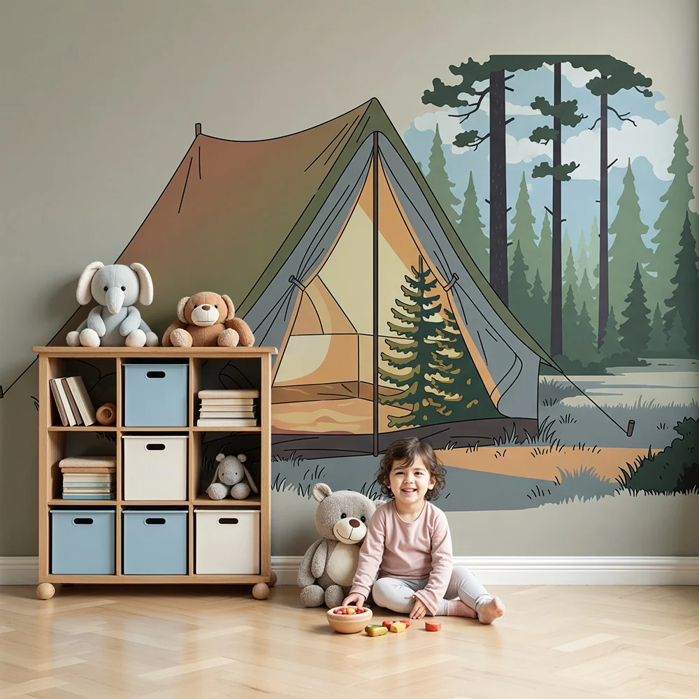 Tapet barnerom | Teltcamping i en fredelig skog