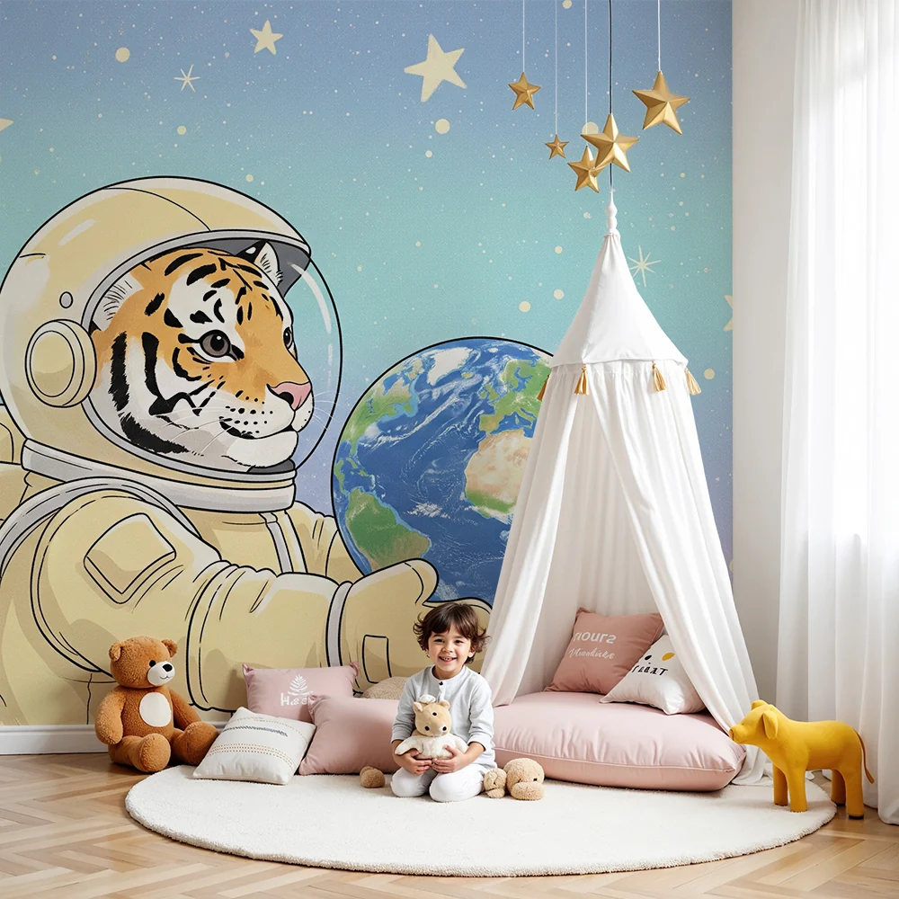 Tapet barnerom | Tiger astronaut som holder jorden i stjernespeilet rommet