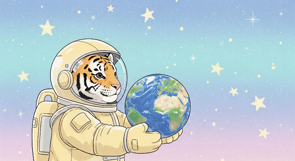 Tapet barnerom | Tiger astronaut som holder jorden i stjernespeilet rommet