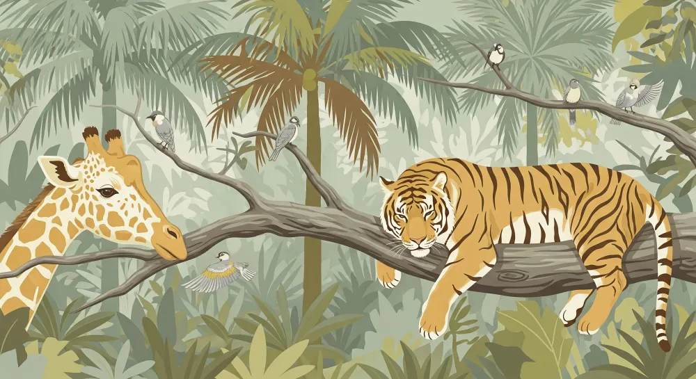 Tapet barnerom | Tiger og giraff i en frodig jungel