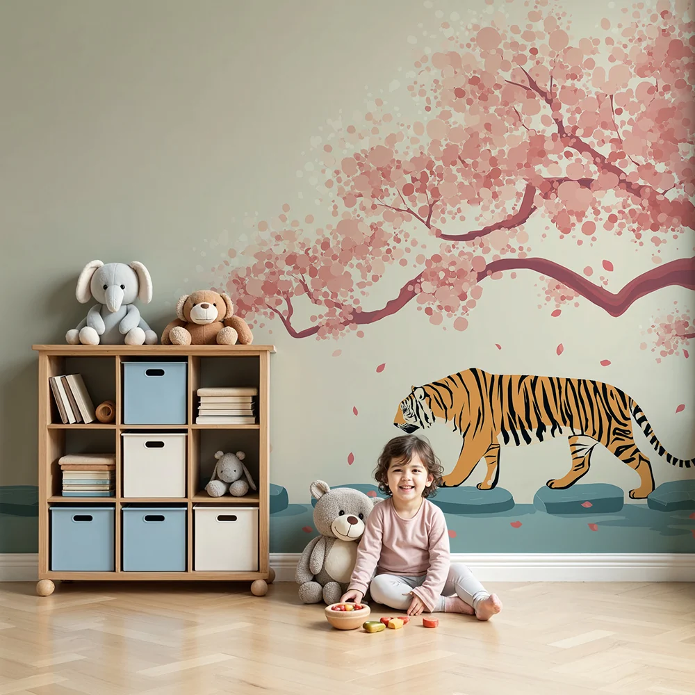Tapet barnerom | Tiger som går under et blomstrende kirsebærtre
