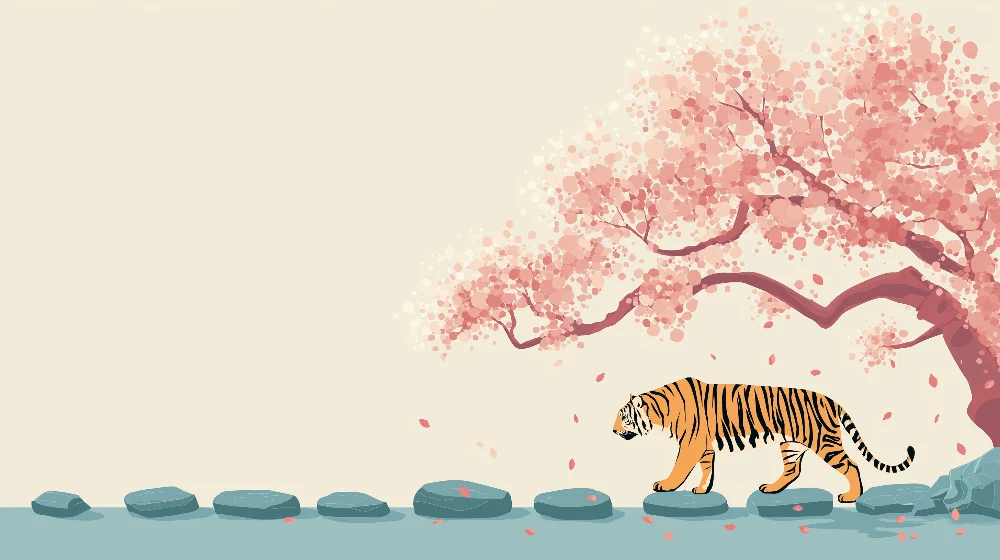 Tapet barnerom | Tiger som går under et blomstrende kirsebærtre
