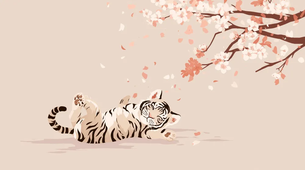 Tapet barnerom | Tiger spiller under kirsebærblomstene