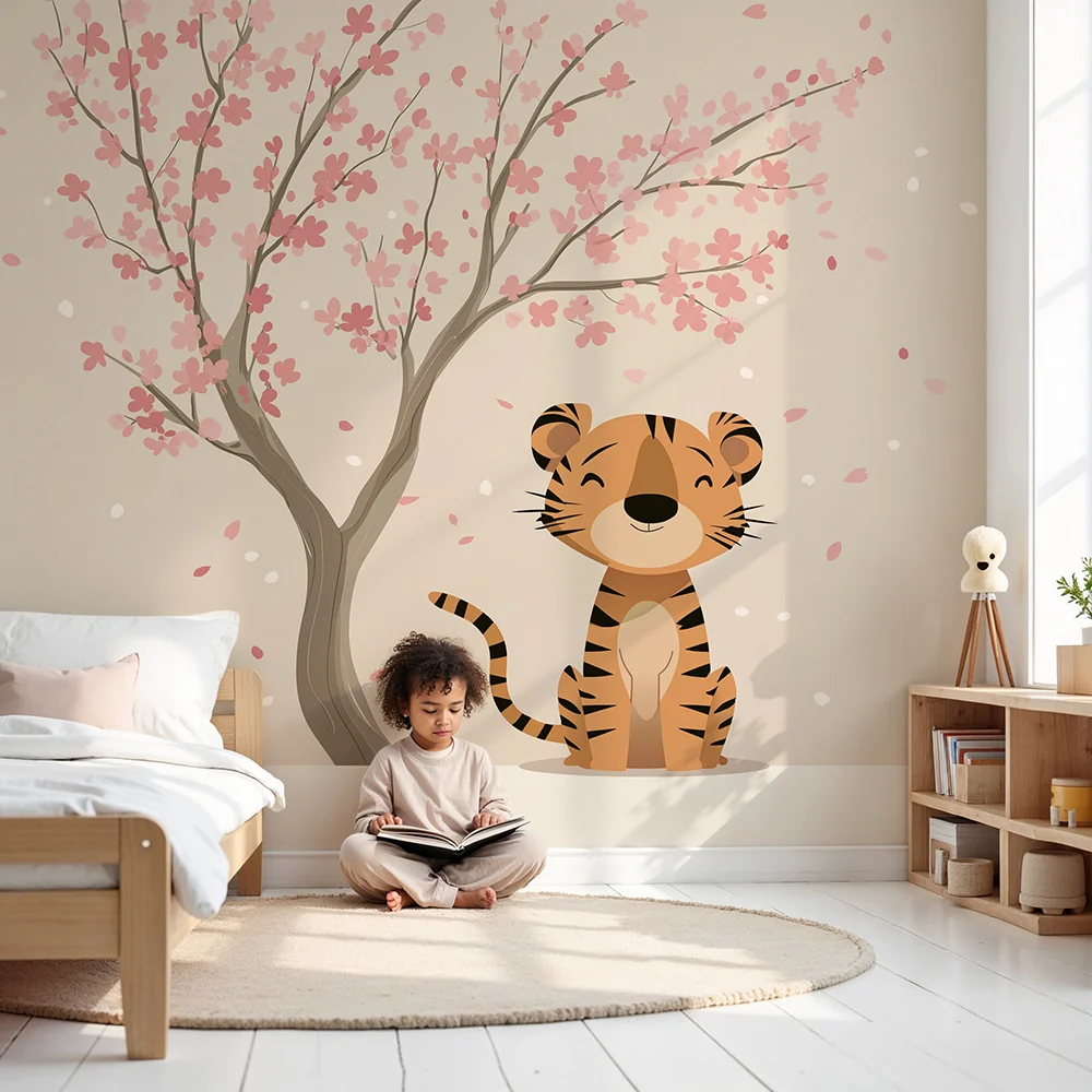 Tapet barnerom | Søt tiger under et blomstrende kirsebærtre
