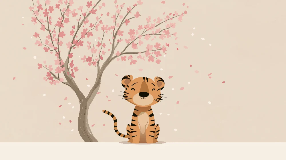 Tapet barnerom | Søt tiger under et blomstrende kirsebærtre