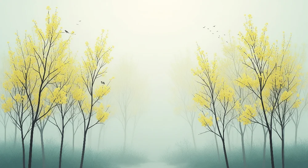 Tapet barnerom | Tåkete skog med trær med gule blomster