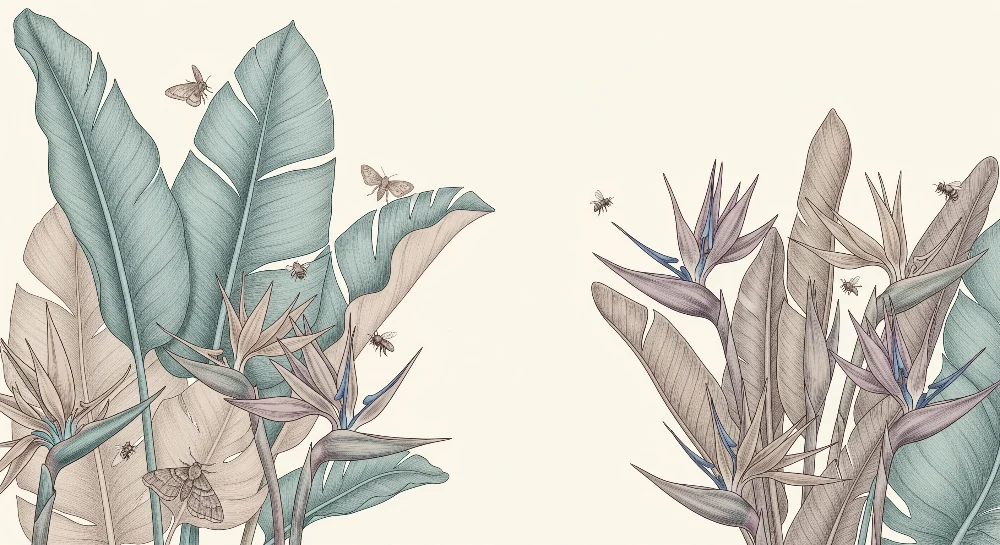 Tapet barnerom | Tropiske blader og eksotiske blomster med delikate insekter