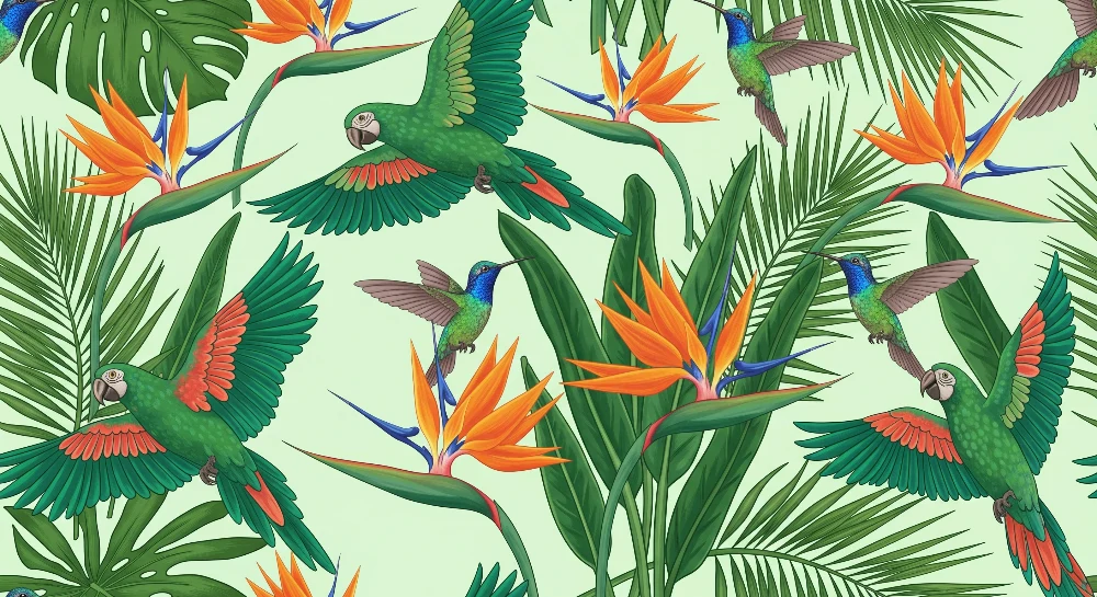 Tapet barnerom | Tropiske fugler og eksotiske blomster i en levende jungel