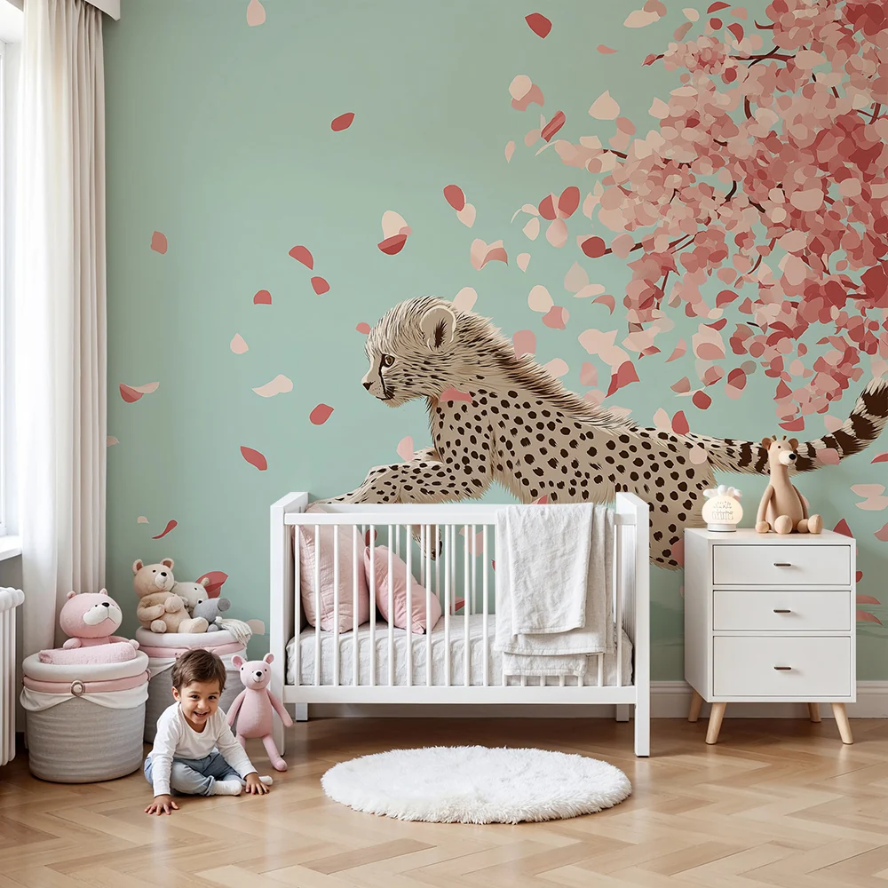 Tapet barnerom | Ung gepard løper under et blomstrende tre