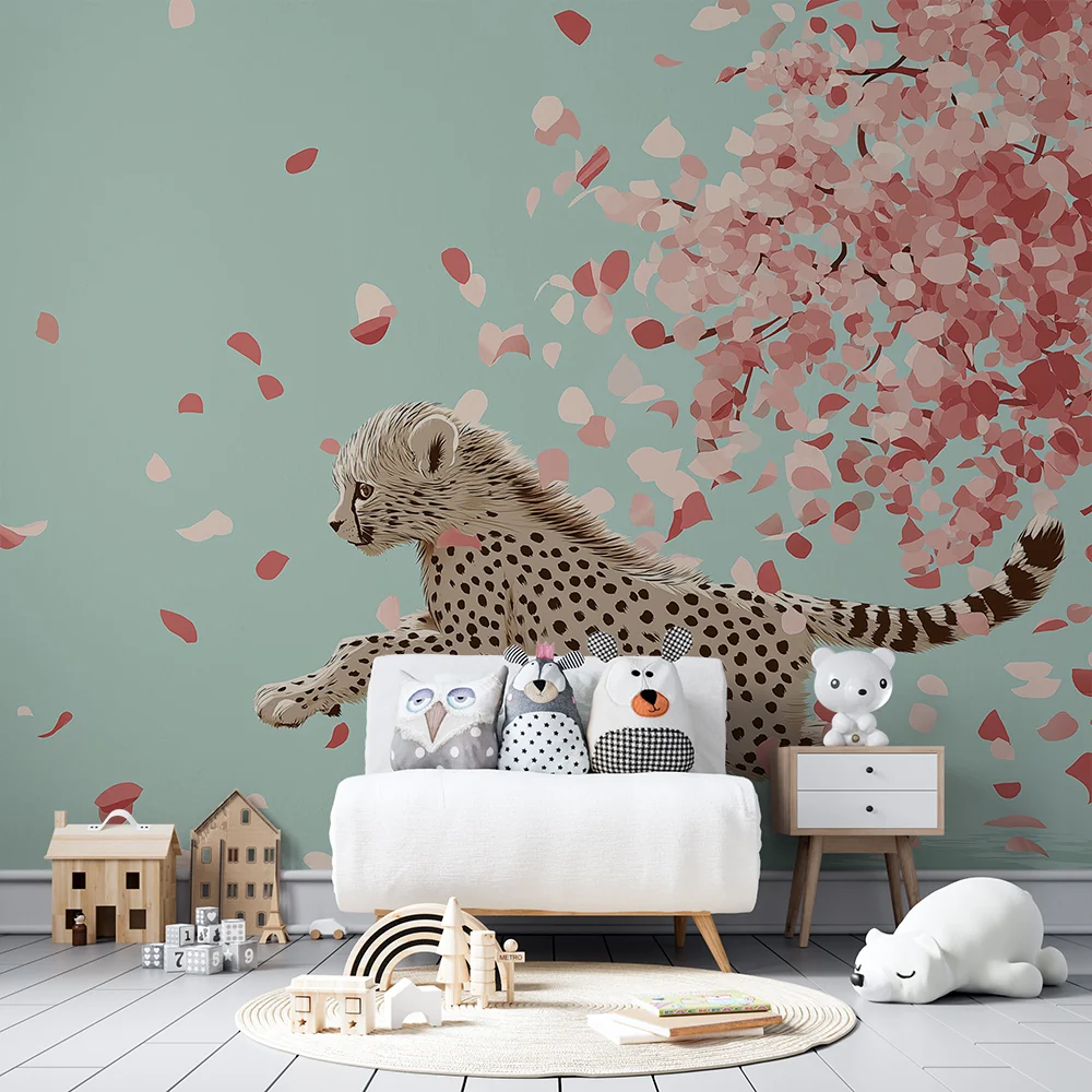 Tapet barnerom | Ung gepard løper under et blomstrende tre