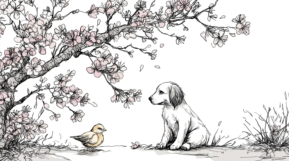 Tapet barnerom | Valp og fugleunge under et blomstrende kirsebærtre