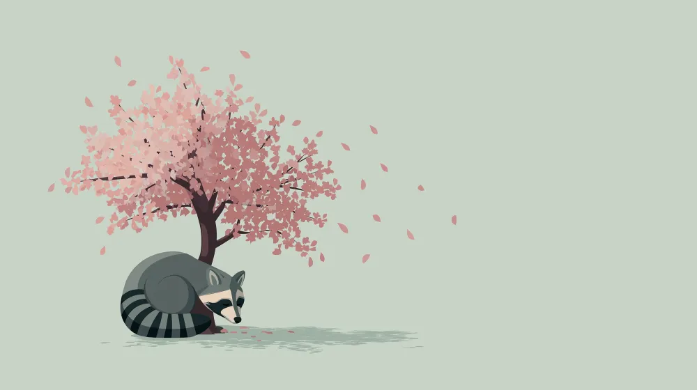 Tapet barnerom | Vaskebjørn sover under et blomstrende kirsebærtre