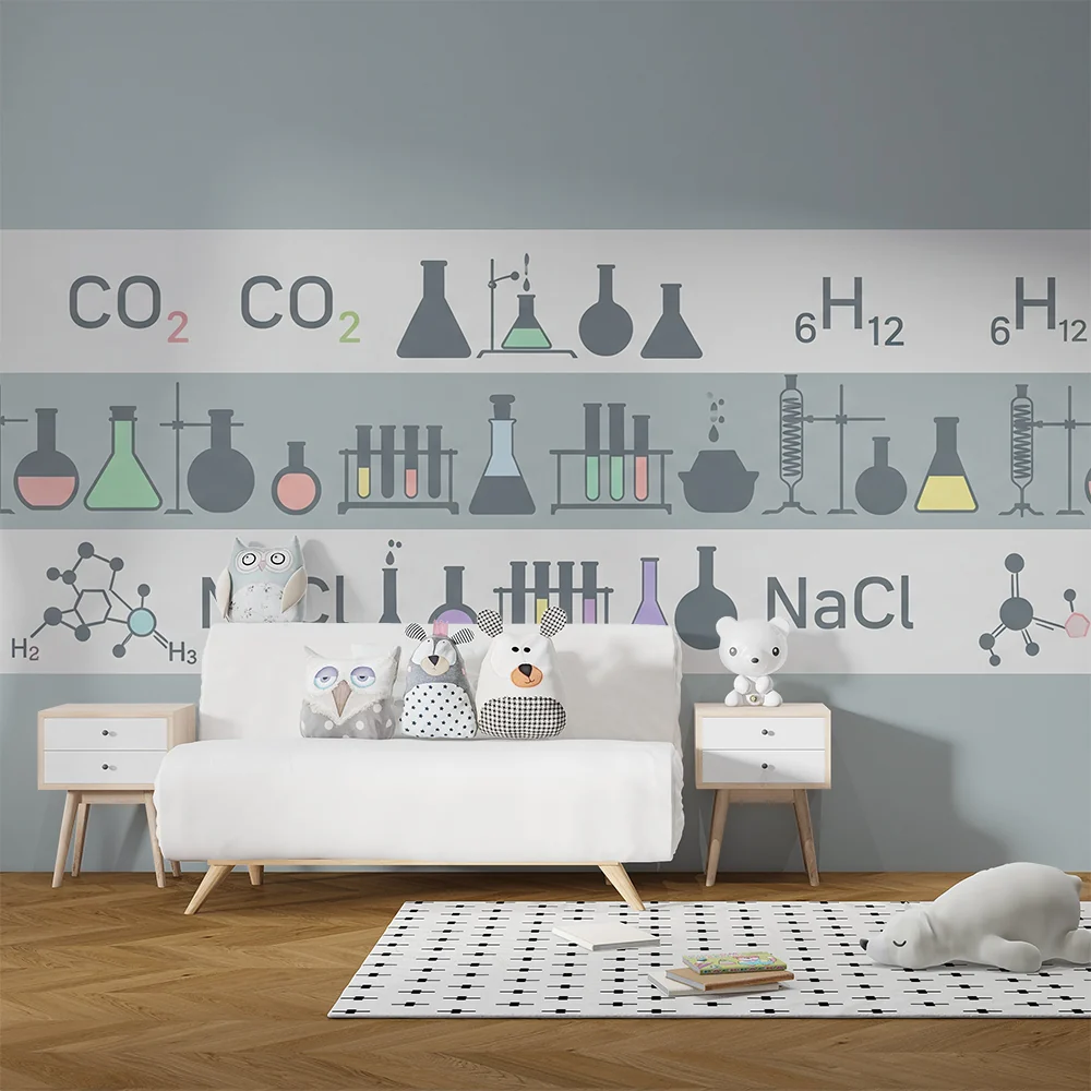 Tapet barnerom | Vitenskapelig univers med formler og laboratorieutstyr