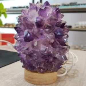 Unik, håndlaget RÅ Ametyst Cactus Crystal Lamp m/trebase og usb, ca. 12x9cm, Medium