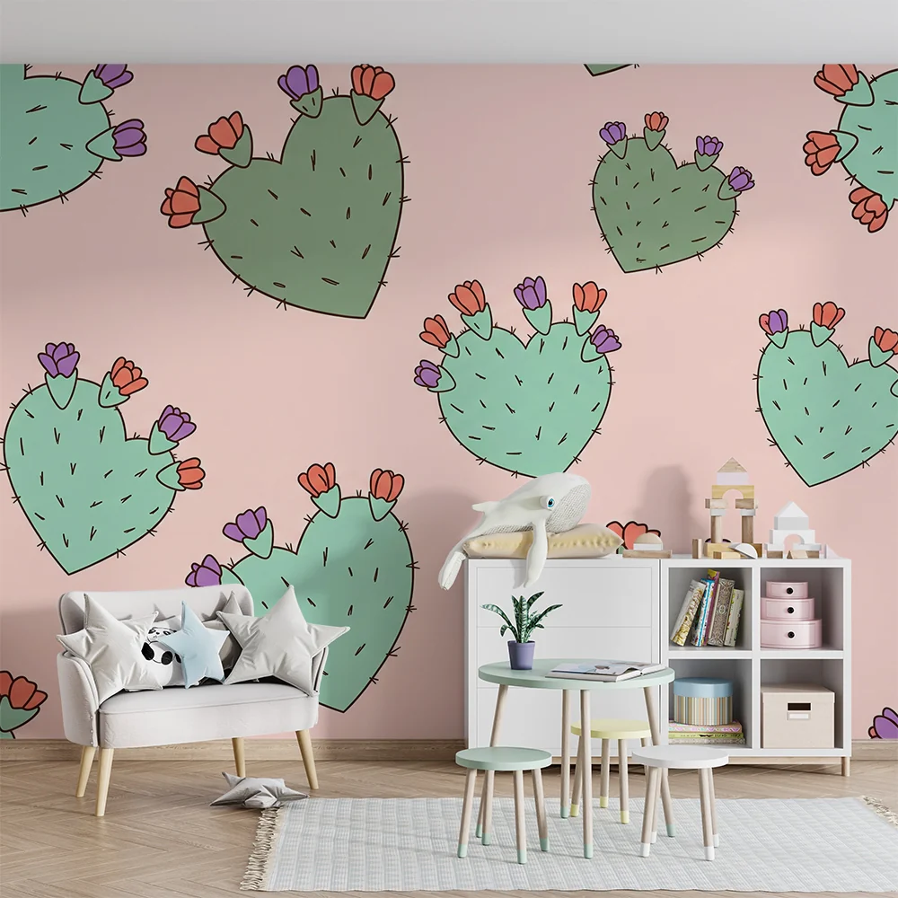 Veggemønster til barnas rom | Hjerteformede kaktuser med fargerike blomster på rosa bakgrunn