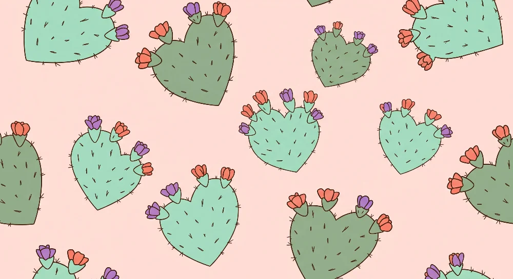 Veggemønster til barnas rom | Hjerteformede kaktuser med fargerike blomster på rosa bakgrunn