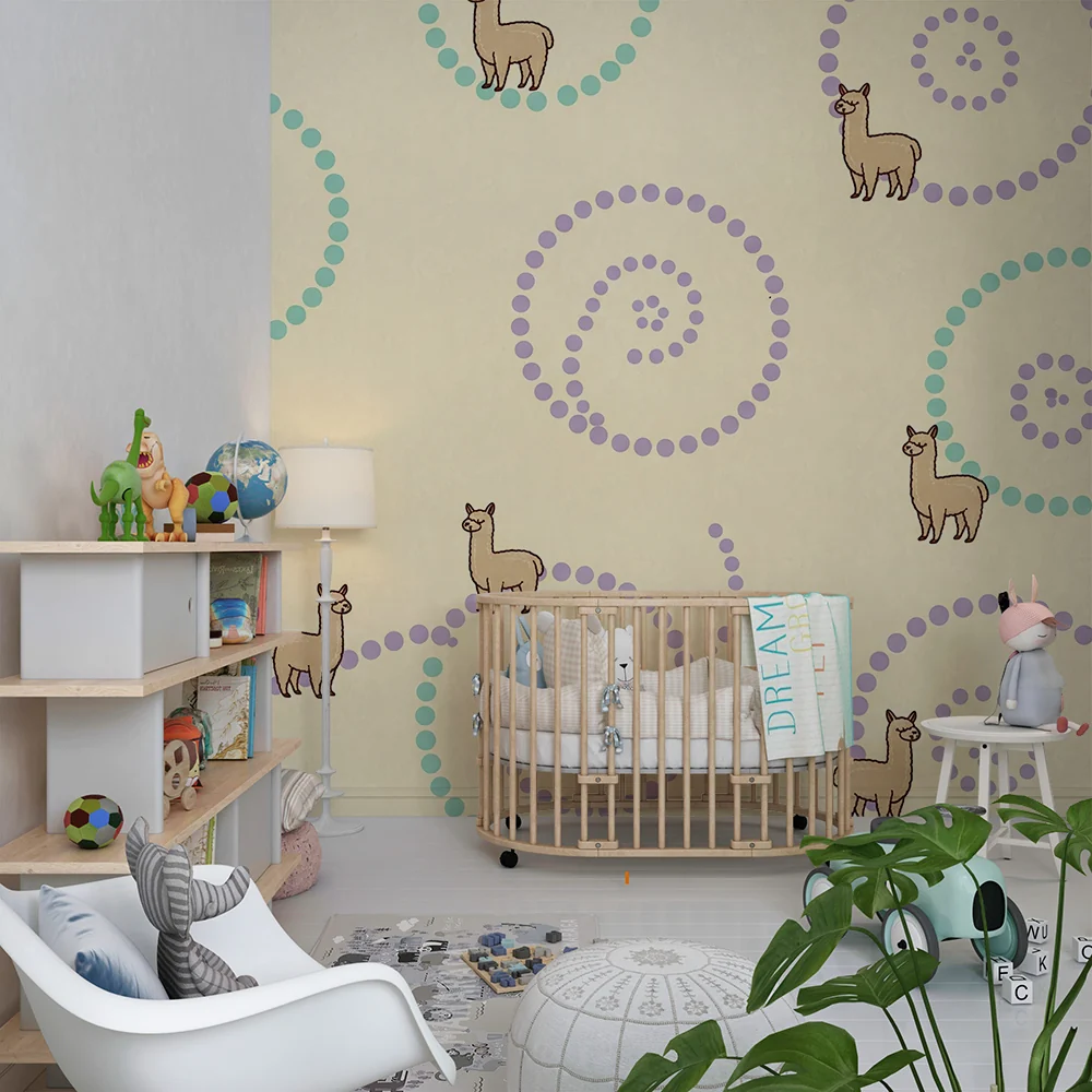 Veggis tapet barn | Søte alpakkaer på pastellfarge med spiralmonster