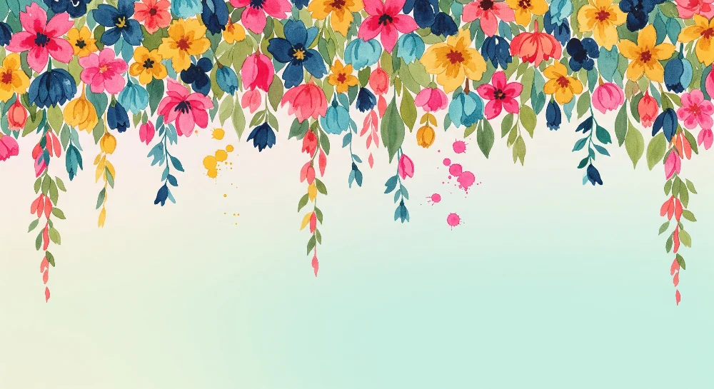 Veggisert tapet barnerom | Fargerike blomster og fine blad i akvarellstil