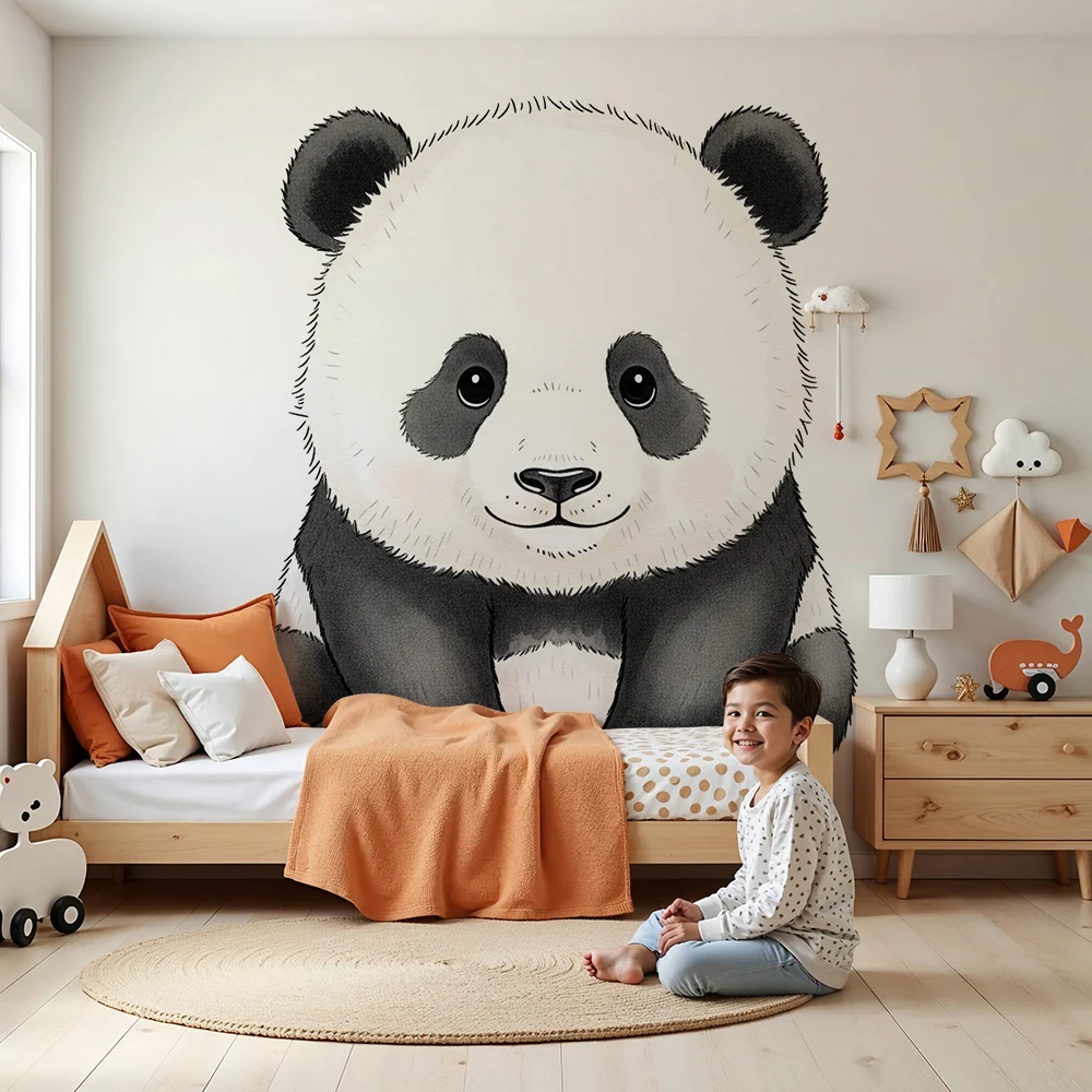 Veggissett barnerom | Søt sittende panda med et vennlig uttrykk