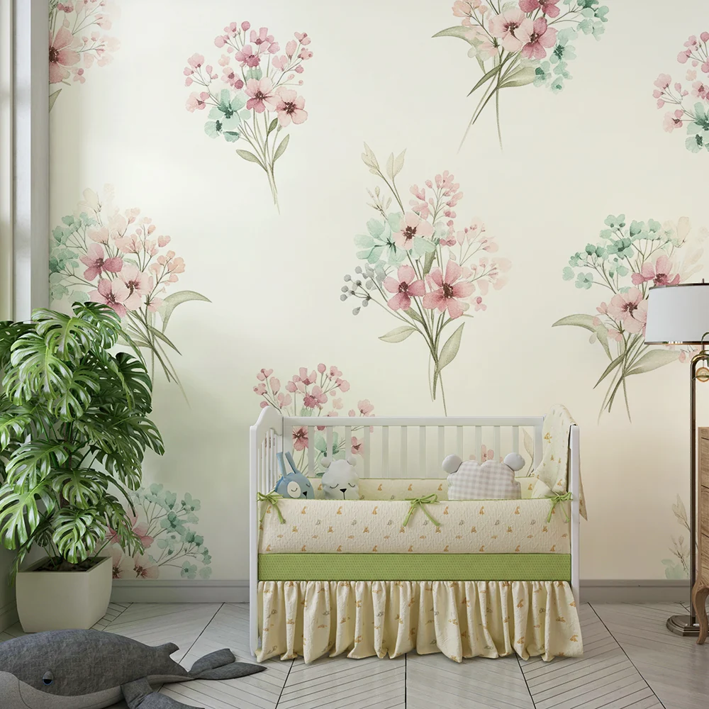 Veggmaler til barneseng | Pastellakvarell med fine blomsterbuketter