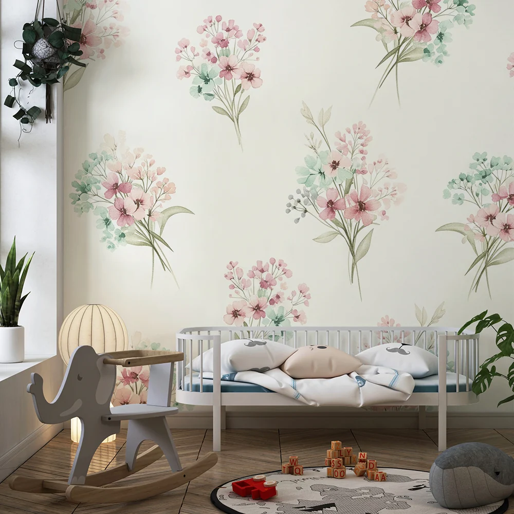 Veggmaler til barneseng | Pastellakvarell med fine blomsterbuketter