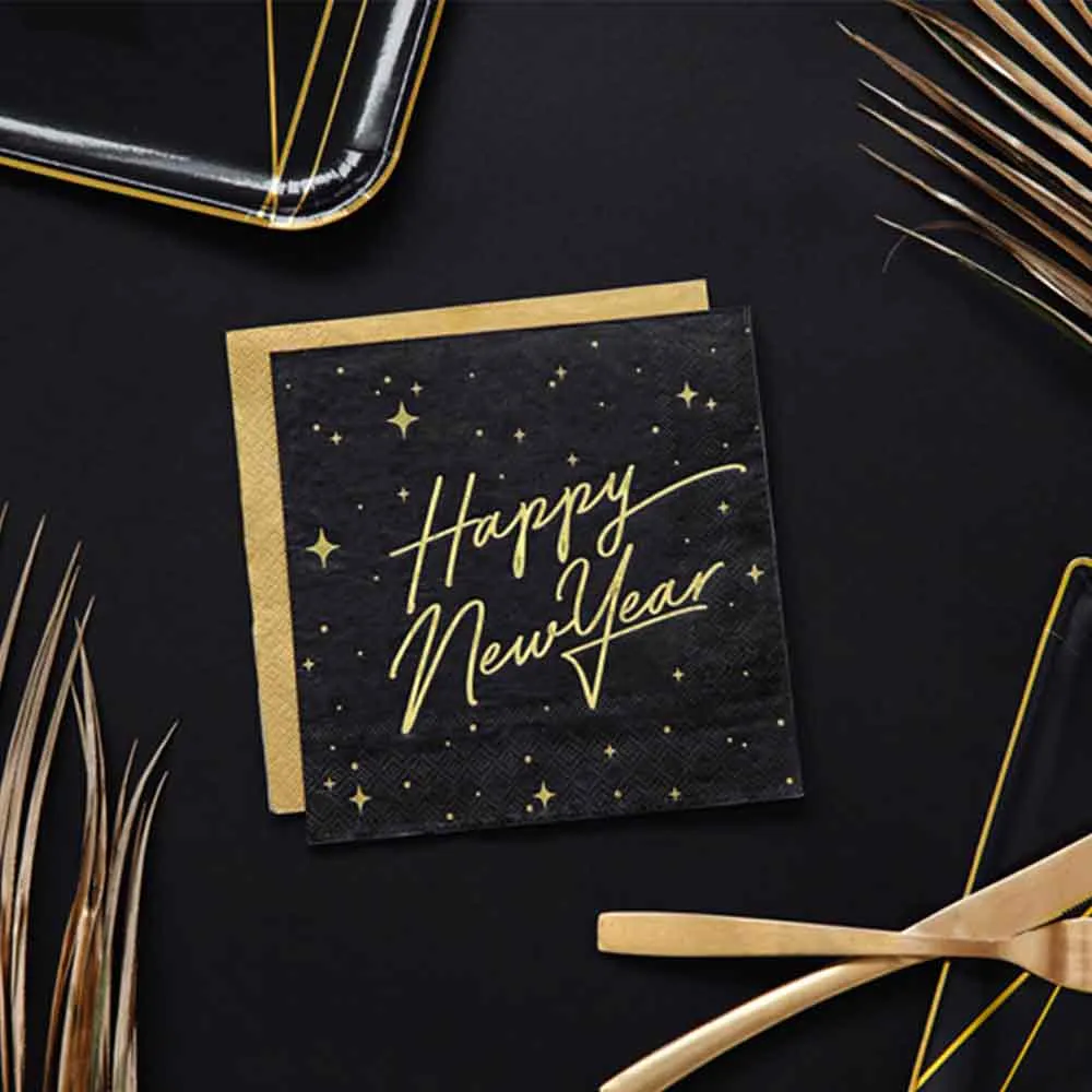 Happy New Year Sorte Servietter 20 stk.