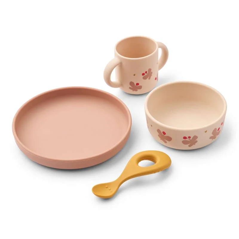 Liewood Vivi Baby Spisesett - 4 deler - Silikon - Sommerfugl/Epleblomst
