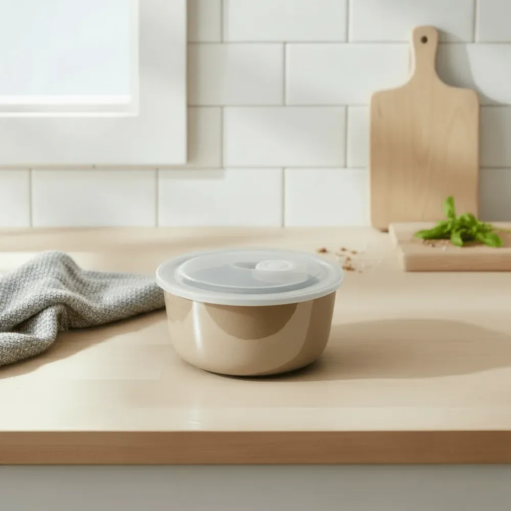 Porselenskål med lokk og ventil beige liten