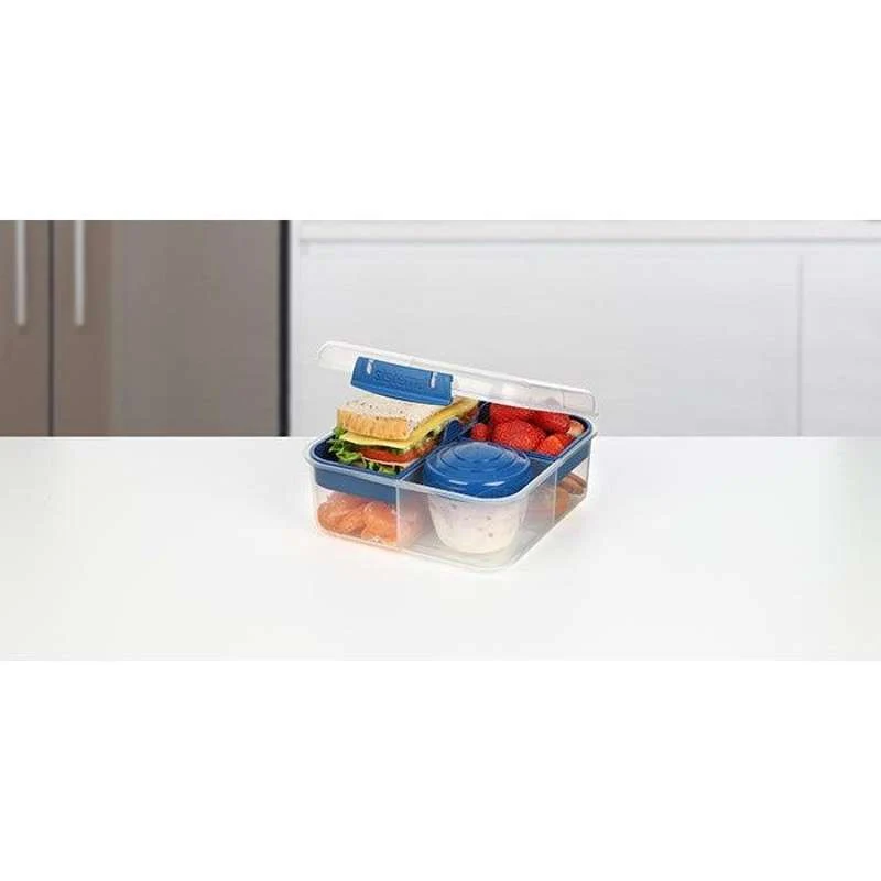 Sistema Bento Matboks - Romdelt med Bæger - 1,25L - Klar/Ocean Blue