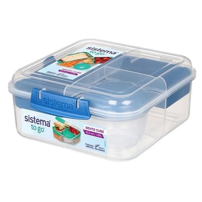 Sistema Bento Matboks - Romdelt med Bæger - 1,25L - Klar/Ocean Blue